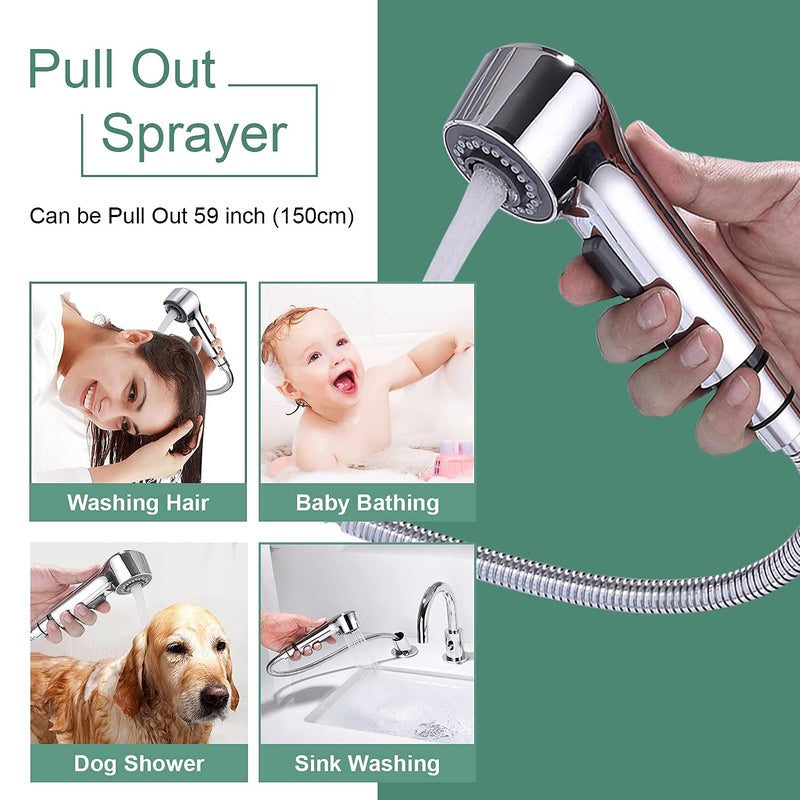 CREA Bathroom Faucet 3 Hole Bathtub Widespread Sink Faucets Chrome with Shower Diverter Pull Out Shower Head Roman Bathtub Waterfall Spout Filler Faucet for Baby Pet Dog Cat Bath Hair Washing - Image 3